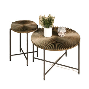 English Elm Radial Distressed 2-Piece Coffee and End Table Set with Waterproof MDF Top and Black Metal Legs Walnut Brown B2735P269988