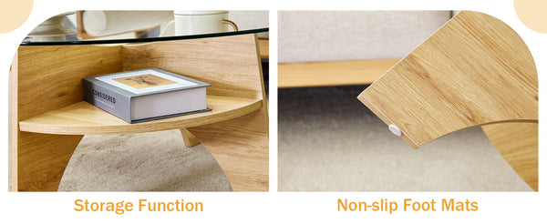 English Elm Round Tempered Glass Coffee Table with Fan Pedestal Base for Modern Living Rooms Natural Wood,Transparent W1151P256001