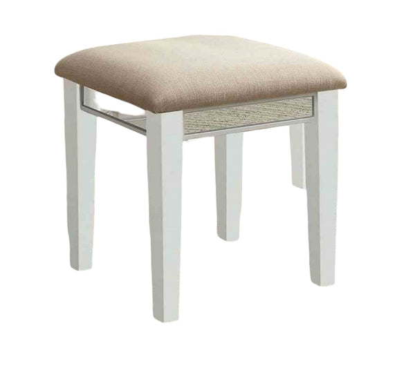 English Elm Transitional Glam Mirrored Vanity with Padded Stool, Spacious Drawers, Central Mirror for Prep and Storage White 50 L x 31 W x 16 H B2741P400802