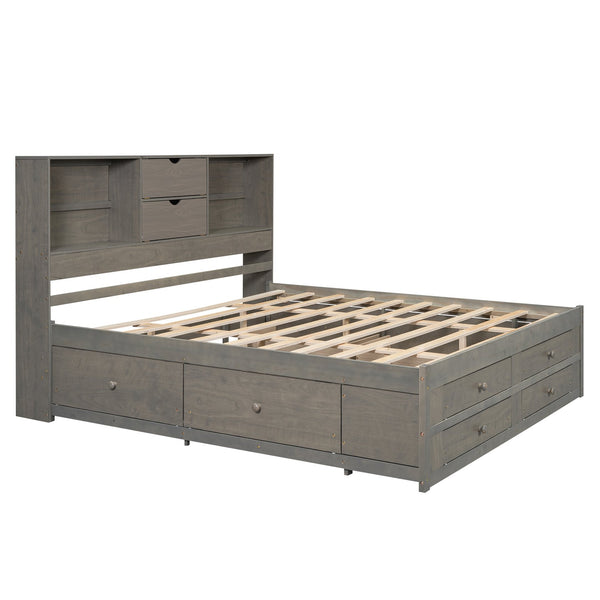 English Elm King Solid Wood Platform Bed with 8 Drawers and Storage Headboard, Durable MDF Frame, 500lb Capacity Gray GX000454AAE