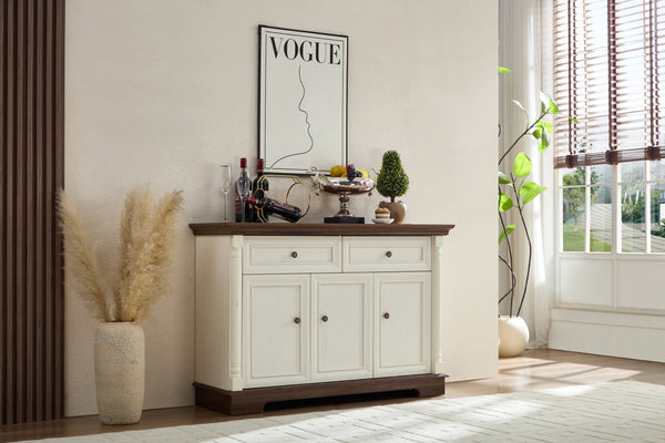 English Elm Farmhouse Large Wall Storage Cabinet - Roman Column Design, Versatile Coffee Bar & Wine Cooler Stand W2393P300539