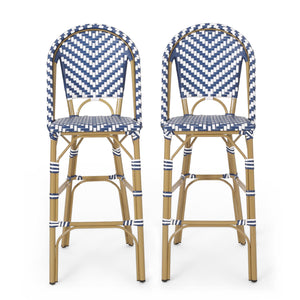 English Elm Christopher Knight Home® - 29.5" Outdoor PE Rattan French Barstool with Bamboo-Print Aluminum Frame, Durable Wicker Cafe Charm Navy Blue,White 71422.00NBLU