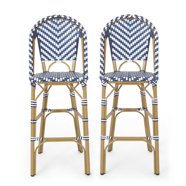 English Elm Christopher Knight Home® - 29.5" Outdoor PE Rattan French Barstool with Bamboo-Print Aluminum Frame, Durable Wicker Cafe Charm Navy Blue,White 71422.00NBLU