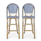 Christopher Knight Home® Noble House 29.5" Outdoor Pe Rattan French Barstool, Navy Blue And White, Aluminum Frame With Bamboo Finish (Set Of 2)