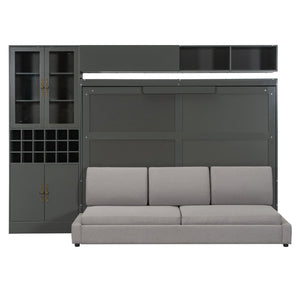 English Elm Queen Murphy Wall Bed Sofa with Open Shelving Usb Charging and Integrated Studio Lighting Gray LP100764AAE