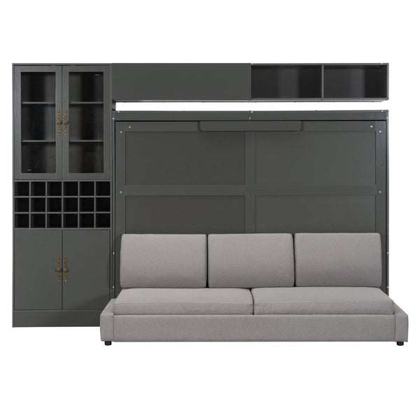 English Elm Queen Murphy Wall Bed Sofa with Open Shelving Usb Charging and Integrated Studio Lighting Gray LP100764AAE
