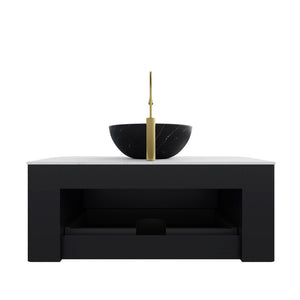 English Elm Dina Floating Bathroom Vanity Sintered Stone Top Glass Basin Striped Plywood Cabinet W2615S00409