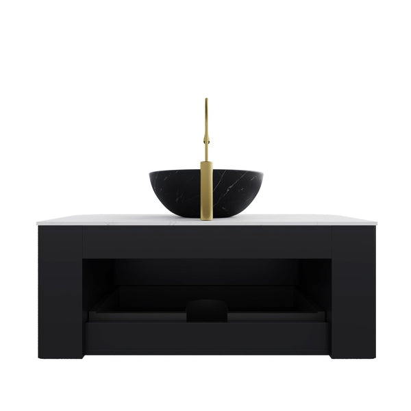 English Elm Dina Floating Bathroom Vanity Sintered Stone Top Glass Basin Striped Plywood Cabinet W2615S00409