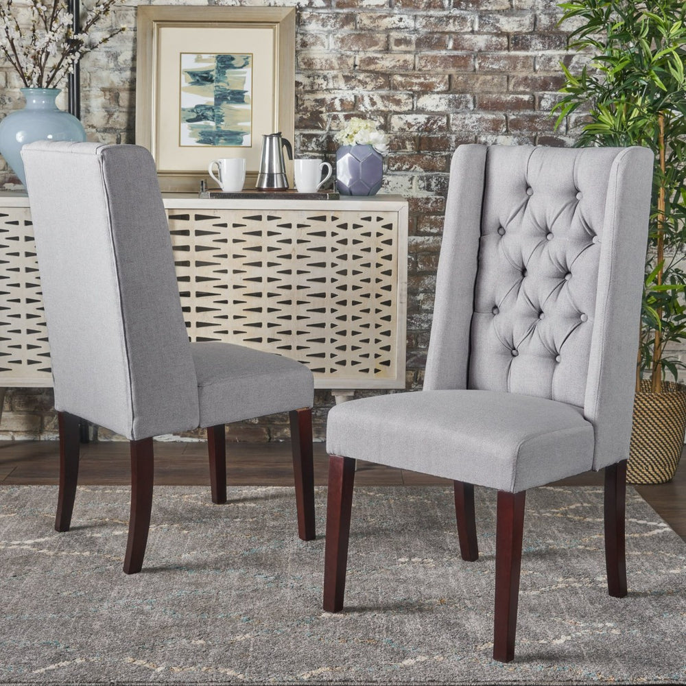 English Elm Dining Chair Set of Two Wingback Button Tufted High Back Birch Leg Upholstered Light Grey 61539.00LGRY