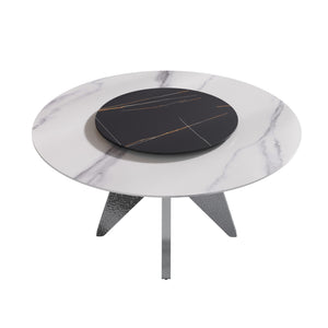 English Elm 59.05" Round Marble Dining Table With Silver Base, Lazy Susan, Seats 6-8, Modern Two-Tone Design W1535S00395