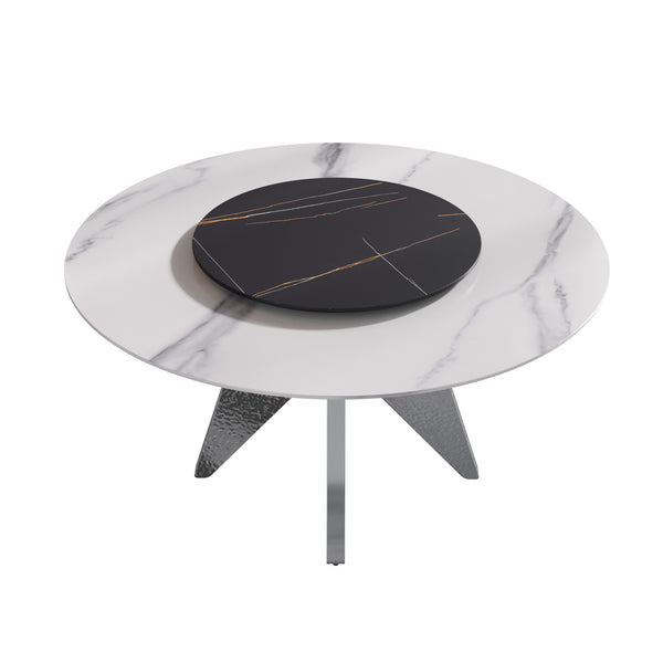 English Elm 59.05" Round Marble Dining Table With Silver Base, Lazy Susan, Seats 6-8, Modern Two-Tone Design W1535S00395