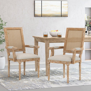 English Elm Dining Chairs Set of 2 Cane Back Rubberwood Armchair French Country Upholstered Seat N769P433301M