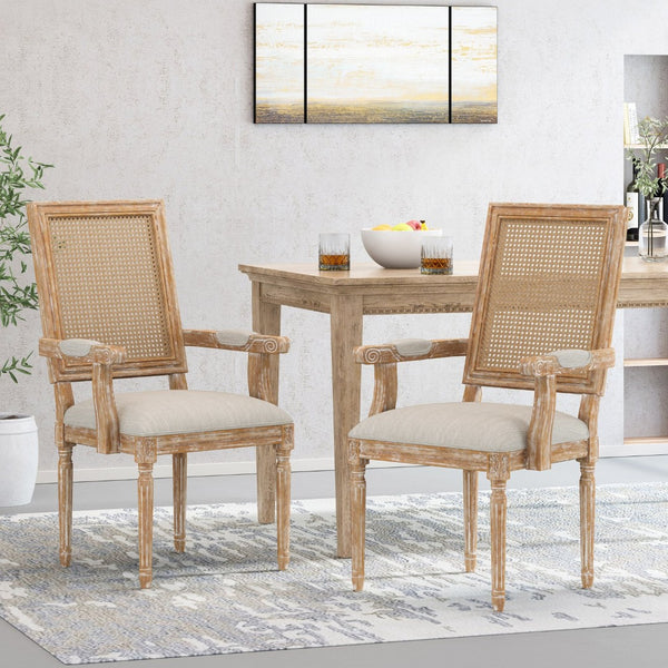 English Elm Dining Chairs Set of 2 Cane Back Rubberwood Armchair French Country Upholstered Seat N769P433301M