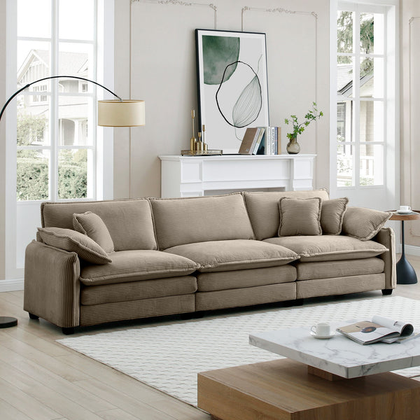 English Elm Mid-Century Modern 3-Seater Sectional Sofa In Luxurious Tan Corduroy With Pillows For Ultimate Comfort W714S00715