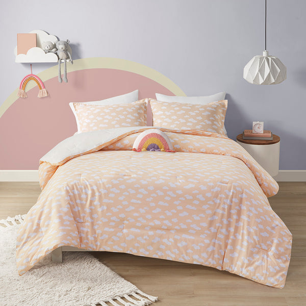 JLA Home Urban Habitat Kids - Sunshine Reversible Comforter Set with Smiling Sun & Cloud Print, Hypoallergenic, OEKO-TEX Certified Yellow/Coral UHK10-0184