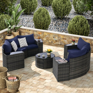 English Elm Outdoor Patio Furniture 11-Piece Half-Moon Sectional Set With Round Table - Stylish & Durable Comfort W874S00049-GIGA