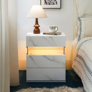 English Elm Led Nightstand with Rgb Acrylic Glow Panel Three Drawers Walnut Bedroom Table Stone White W2178P412304