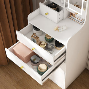 English Elm 3-in-1 Dressing Table with LED Mirror, Storage Stool & 4 Drawers – Compact White Vanity, MDF Organizer W2700P297923