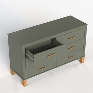 English Elm 6-drawer Double Dresser Solid Wood Legs Mid-century Modern Bedroom Storage Cabinet Olive W1445S00005
