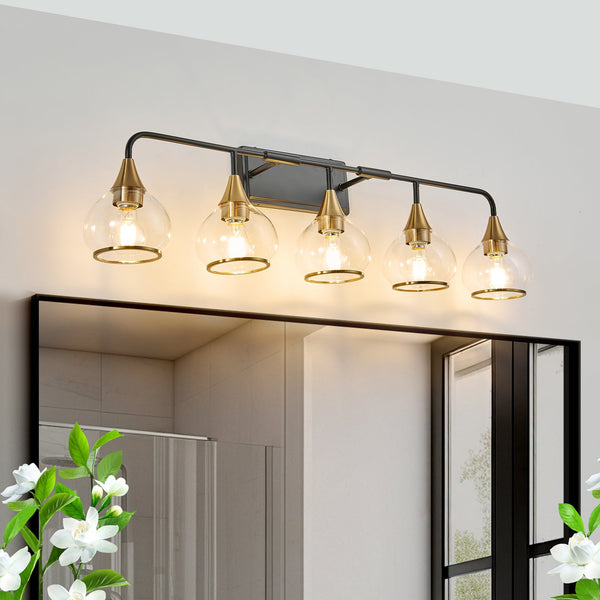 English Elm 40" Modern 6-Light LED Vanity Light — Sleek Iron & Acrylic Bathroom Wall Fixture, Dimmable, 36W Black+Gold W2312P374982