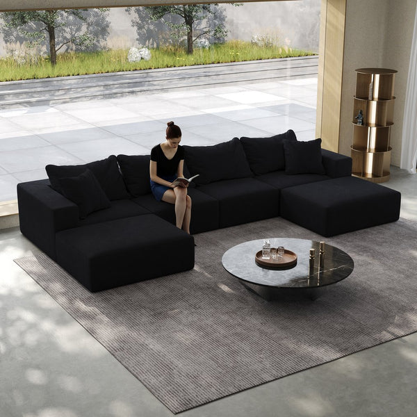 English Elm Oversized sponge cloud sofa modular 162" L-shaped sectional with chenille upholstery and 6 pillows, no-assembly comfort Black W834S00390
