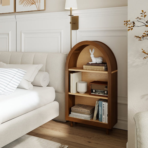 English Elm Arched Three Tier Bookshelf White Frame Woodgrain Shelves Modern Storage for Any Room W2557P428369
