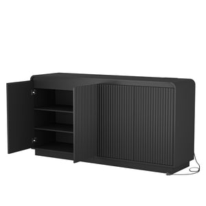 English Elm Black Fluted Wave Door Media Console with Built-in Power Outlet and Adjustable Shelving Black W409P452057