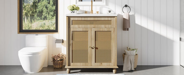 English Elm Christopher Knight Home® - 30-Inch Walnut Vanity with Seashell Resin Sink, Flip-Up Organizer, Soft-Close Doors & Legs Natural Wood N765P33418384B