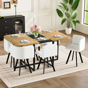 English Elm 7-piece Modern Dining Set with Two-tone Wood Table and Six White Pu Leather Chairs W3875S00127