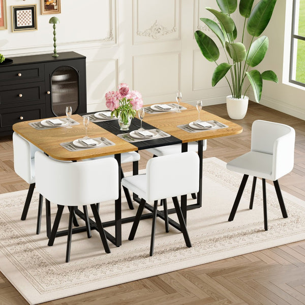 English Elm 7-piece Modern Dining Set with Two-tone Wood Table and Six White Pu Leather Chairs W3875S00127