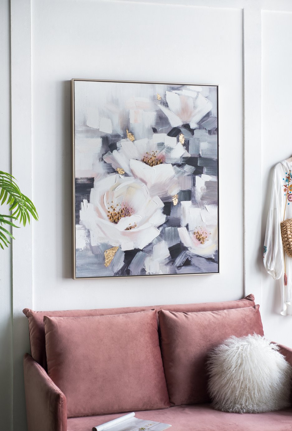 English Elm 32.3x40.2" Sarah Framed Floral Wall Art - Hand-Painted Oil Canvas, Muted Blue & Pink Elegance for Living Room Decor (Framed) W2078P390187