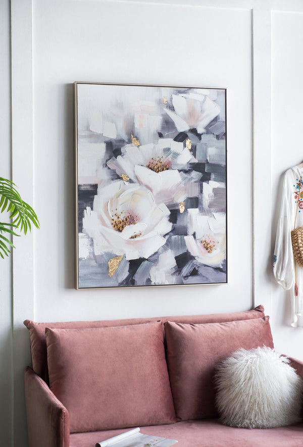 English Elm 32.3x40.2" Sarah Framed Floral Wall Art - Hand-Painted Oil Canvas, Muted Blue & Pink Elegance for Living Room Decor (Framed) W2078P390187