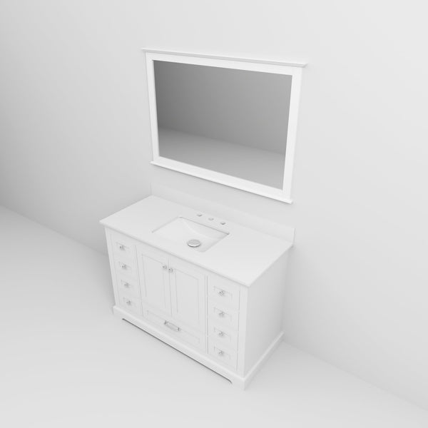 English Elm White Single Bath Vanity 48 in. W x 22 in. D with White Quartz Top, 46 in. Mirror, Soft-Close Drawers B2731S00649
