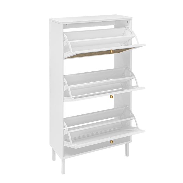 English Elm Rattan 3 Door Shoe Rack with Metal Base and Anti-Slip Feet, Double Shelf Storage for Entryway White W688P211259