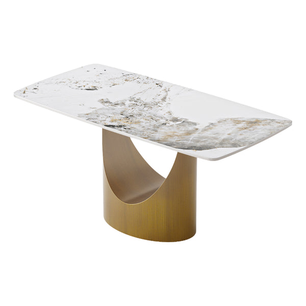 English Elm 63" Modern Artificial Stone Dining Table With Curved Design, Bronze Legs & Integrated Lazy Susan W1535S00551
