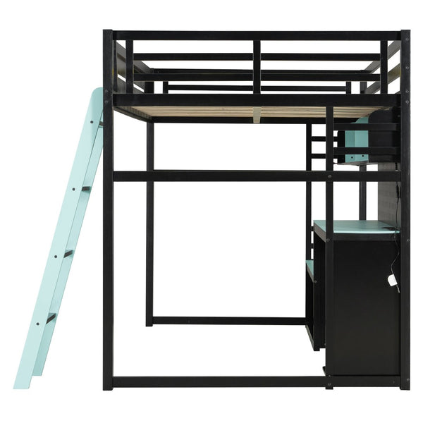 English Elm Full Size Gaming Loft Bed with Built-in Desk Led Lighting Usb Ports and Pegboard Black+Blue LT000270AAC