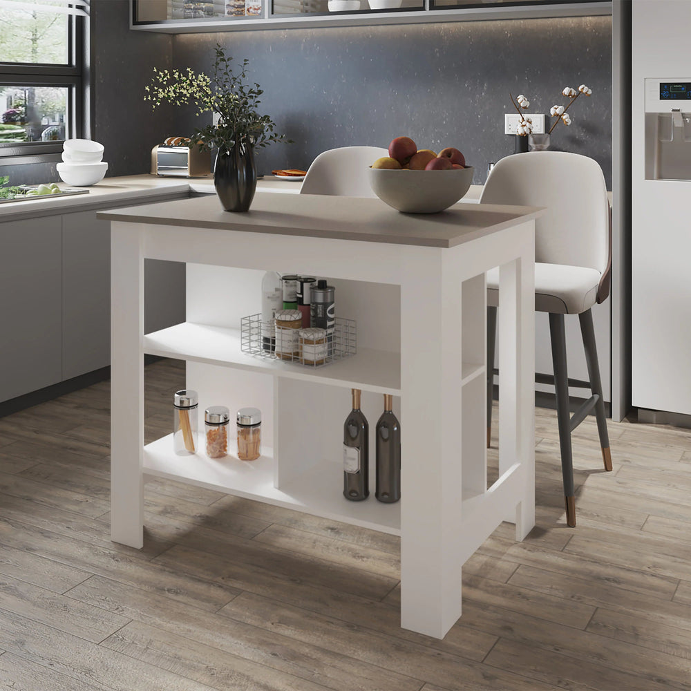 English Elm Taupe Kitchen Island with Open Shelves and White Accents — Stylish Storage, Contemporary Charm (96) B062P252194