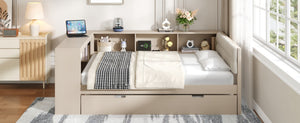 English Elm Wood Twin Platform Bed Linen Headboard Storage Shelves Trundle Charging Station Cream N709P004024C