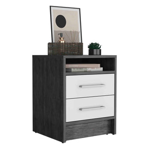 English Elm Nightstand With Two Drawers, Modern Smokey Oak And White Finish, Stylish Compact Design For Storage B097133064