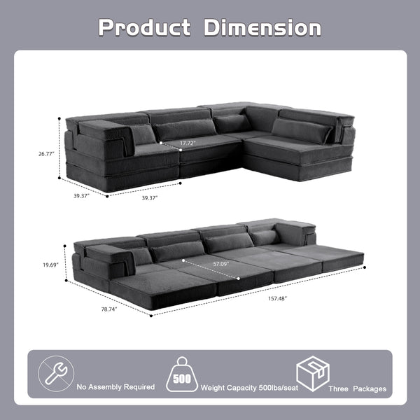 English Elm Compression Modular Floor Sofa Bed - Cozy, No Assembly, Soft Fleece, Versatile 4-Seater With Pillows! W3723S00033
