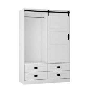 English Elm Tall Farmhouse Wardrobe Armoire with Sliding Barn Doors Drawers and Hanging Rod White W1321S00049