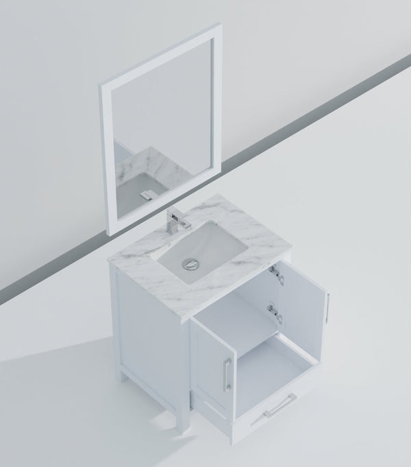 English Elm White Bath Vanity Set With Carrara Marble Top, Chrome Faucet & 28" Mirror - Elegant Bathroom Upgrade B2731S01248-GIGA