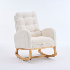 English Elm LY-5104 Plush High-Back Rocking Chair with Footrest & Storage Pocket, Ergonomic Foam Cushion for Nursery Beige+White W2231P292976