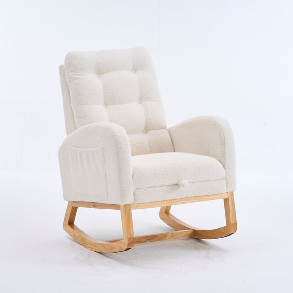English Elm LY-5104 Plush High-Back Rocking Chair with Footrest & Storage Pocket, Ergonomic Foam Cushion for Nursery Beige+White W2231P292976