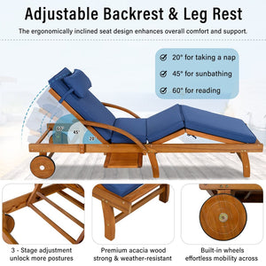 English Elm U_style Acacia Wood Outdoor Chaise Lounger with Reclining Backrest Cushions and Side Tray Navy Blue N711P415859C