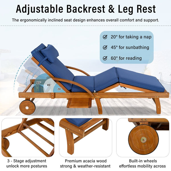 English Elm U_style Acacia Wood Outdoor Chaise Lounger with Reclining Backrest Cushions and Side Tray Navy Blue N711P415859C