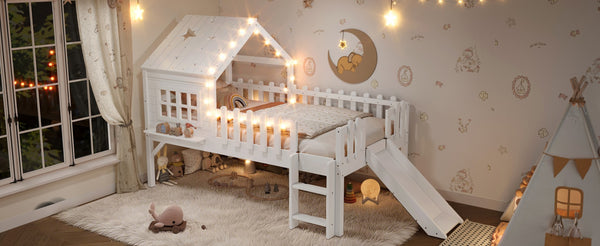 English Elm Twin Playhouse Loft Bed Solid Pine Frame with Slide Led Lights and Star Roof White W5316S00001