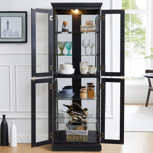English Elm Elegant Curio Cabinet with Tempered Glass Doors, LED Lighting, Mirrored Back, Adjustable Shelves, Anti-Tip Safety Black W1758P297547