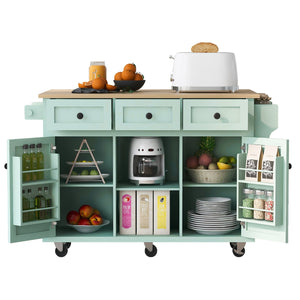 English Elm Kitchen Cart with Drop-Leaf Rubberwood Countertop, Rolling Island with Cabinet, Drawers & Racks for Dining Room - Stylish Durable Storage Solution Mint Green WF298028AAE