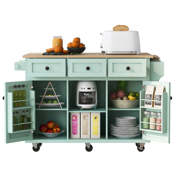 English Elm Kitchen Cart with Drop-Leaf Rubberwood Countertop, Rolling Island with Cabinet, Drawers & Racks for Dining Room - Stylish Durable Storage Solution Mint Green WF298028AAE